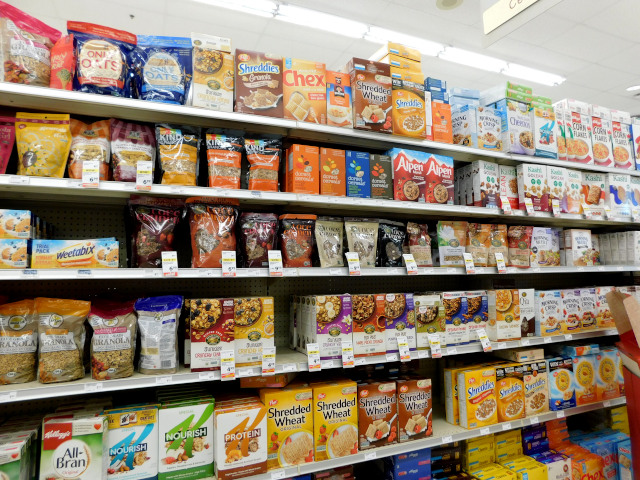Shelves of different breakfast cereals, also taken in London Drugs.