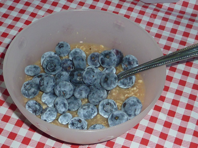 photo of a bowl of oatmeal topped with a generous helping of fresh blueberries.